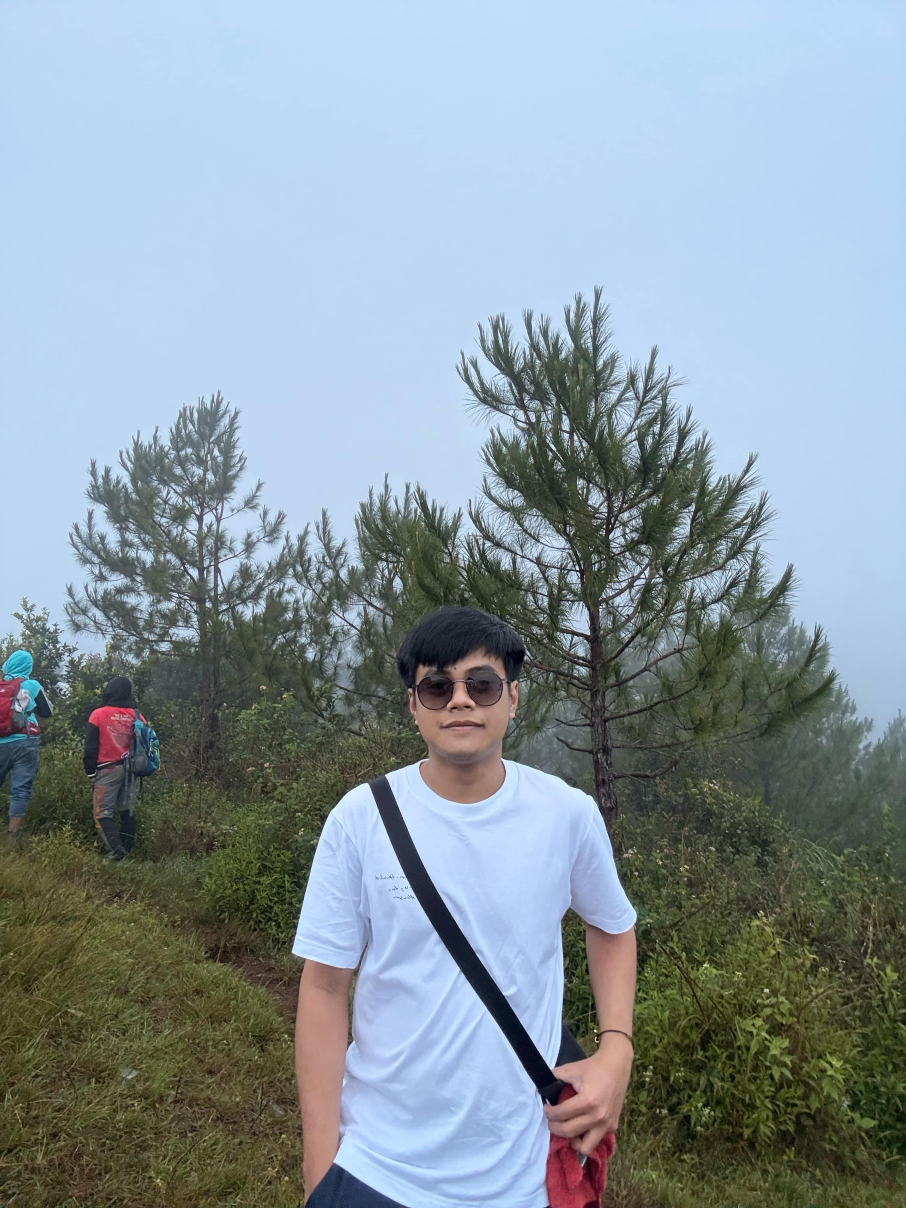Sample photo: a young man in a white T-shirt on a misty pine hillside